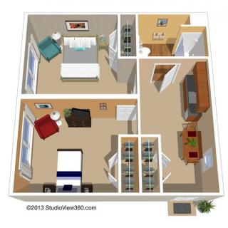 A 3D rendered floor plan of a small apartment with bedrooms, a living room, and a kitchen.