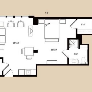 A floor plan of an apartment showcasing the layout of various rooms and spaces.