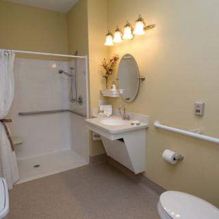 An accessible bathroom featuring a walk-in shower, sink, and toilet with safety handrails.