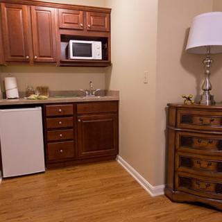 A cozy kitchenette with wooden cabinets, a microwave, mini fridge, and a decorative lamp on a drawer unit.