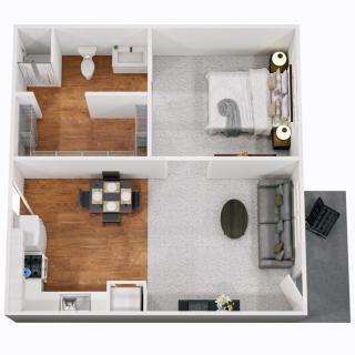 A 3D floor plan of a one-bedroom apartment with a living room, kitchen, bathroom, and bedroom.