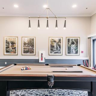 A well-appointed billiard room featuring a pool table, framed artwork on the walls, and modern lighting.