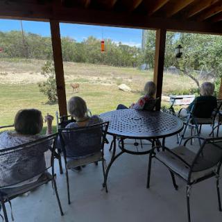 A group of seniors enjoying a peaceful view from their porch.