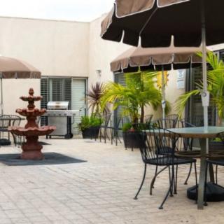 An inviting courtyard with tables, chairs, and umbrellas, featuring a central fountain and surrounded by potted plants.
