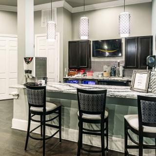 A modern kitchen bar area with dark cabinets and pendant lighting.