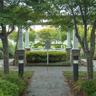 A serene garden pathway lined with trees and shrubbery, leading to a stone gazebo.