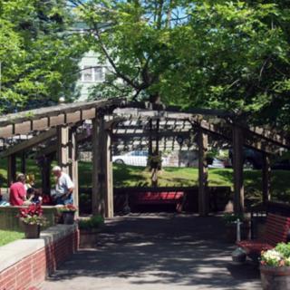 A scenic view of a park with a gazebo, benches, and people enjoying the outdoors.