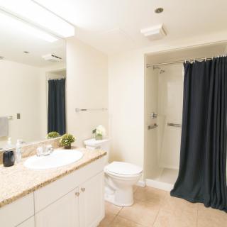 Modern bathroom with a shower, sink, and toilet.