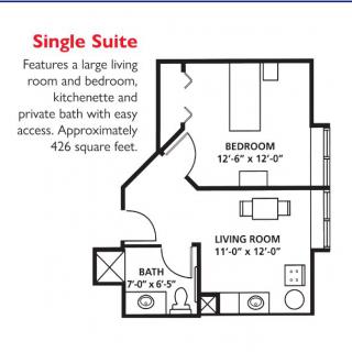 A floor plan of a single suite featuring a living room, bedroom, kitchenette, and bathroom.