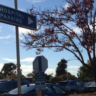 A hospital parking sign with cars in the background under a clear blue sky.