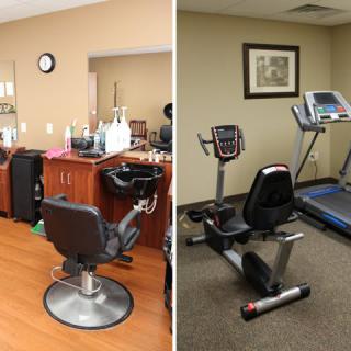 Side-by-side view of a barber shop and a fitness room with exercise equipment.