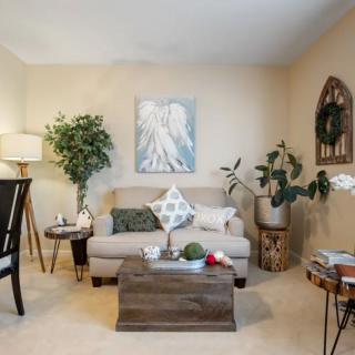 A cozy living room with a sofa, coffee table, and various plants and decor.