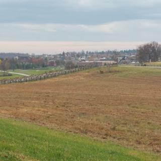 A serene landscape featuring a field in the foreground and a distant city skyline under a cloudy sky.