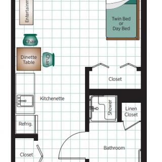 A floor plan showcasing a compact apartment layout with a bedroom, bathroom, kitchenette, and dining area.