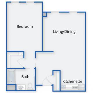 A one-bedroom apartment floor plan with labeled areas for Living/Dining, Bedroom, Bath, and Kitchenette.