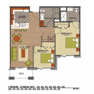A floor plan of a two-bedroom apartment with designated areas for a living room, kitchen, and bathroom.