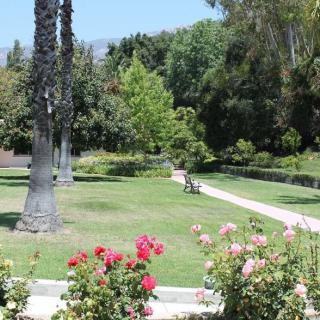 A tranquil park scene featuring a pathway surrounded by lush greenery and colorful flowers.