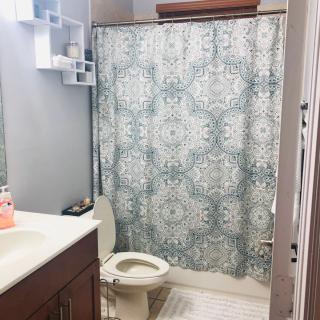 A neatly organized bathroom with a patterned shower curtain and modern fixtures.
