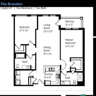 A floor plan of a two-bedroom, two-bathroom apartment with living and dining areas.
