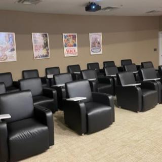A small auditorium with leather seating and a projector.