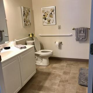 A clean and modern bathroom with a sink, toilet, and decorative elements.