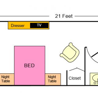 A simple bedroom floor plan showing the placement of furniture including a bed, night tables, a dresser with TV, and a chair.