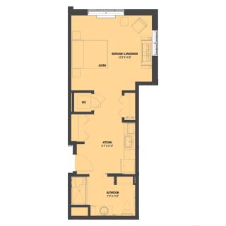 This image shows a floor plan of an apartment, featuring labeled rooms and layout details.