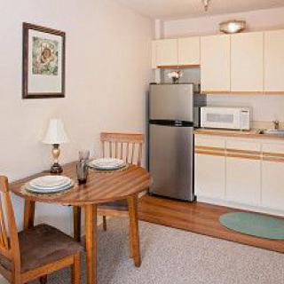 Small apartment kitchen and dining area with a table, chairs, refrigerator, and microwave.