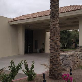 A modern house entrance featuring a palm tree and landscaped front yard.