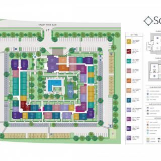 An architectural floor plan of a building complex, showcasing different residential units and amenities.