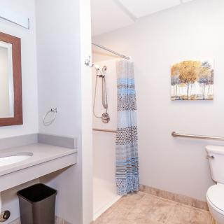 A modern bathroom with a shower area, sink, and toilet, decorated with artwork.