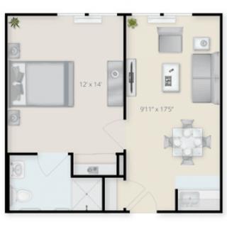 A one-bedroom apartment floor plan with a kitchen, living area, and bathroom.
