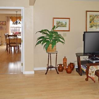 A cozy living room with a television, plant on a stand, and decorative vases, leading into a dining area.
