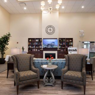 A cozy living room with elegant armchairs, a decorative fireplace, and a well-stocked bookshelf.