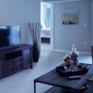 A modern living room with a television and coffee table adorned with decorative items.