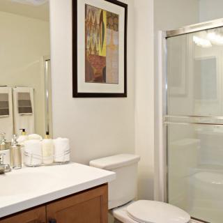A modern bathroom with a shower, toilet, and countertop next to a framed artwork.