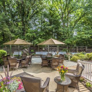A tranquil outdoor patio area with tables, chairs, and umbrellas surrounded by lush trees.