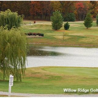 A scenic view of Willow Ridge Golf Course with a pond and lush greenery.