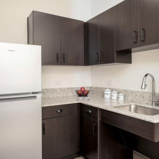 A modern kitchen with dark cabinets and a sleek countertop.