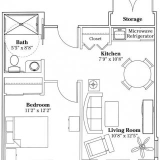 This image shows a floor plan of a one-bedroom apartment, featuring a living room, kitchen, bathroom, and storage area.