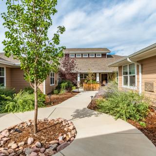 A well-maintained garden path leading to a modern building entrance.