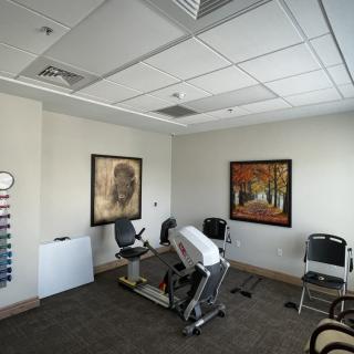 A small exercise room with fitness equipment and decorative artwork on the walls.