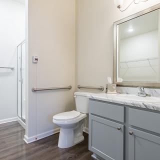 A modern bathroom with a shower, toilet, and vanity.
