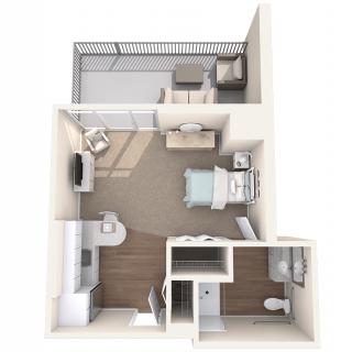 A compact, one-bedroom apartment floor plan with designated living, kitchen, and bathroom areas.