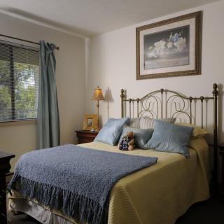 A cozy bedroom with a neatly made bed, adorned with blue and yellow linens, pillows, and a decorative throw. A framed picture hangs above the bed, and natural light filters through a window with curtains.