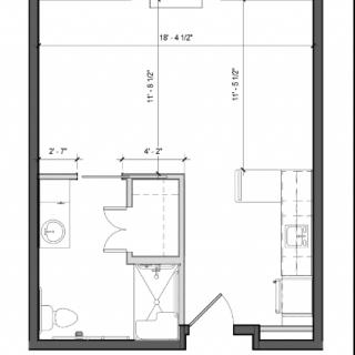A detailed floor plan of a small apartment, showcasing the layout including kitchen and bathroom areas.