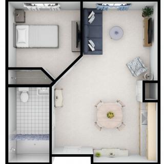 A top-down view of a small apartment floor plan featuring a bedroom, bathroom, and living area.