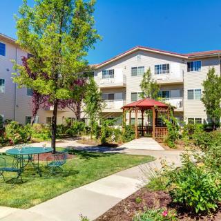 A sunny day at an apartment complex with a landscaped garden and outdoor seating.