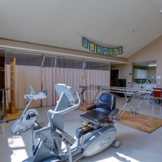 A modern home gym featuring exercise equipment, designed for fitness and rehabilitation.
