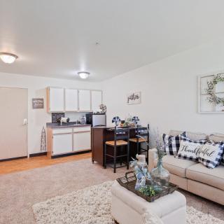 A cozy open-concept living room and kitchen with modern decor, featuring a comfortable sofa and small dining area.